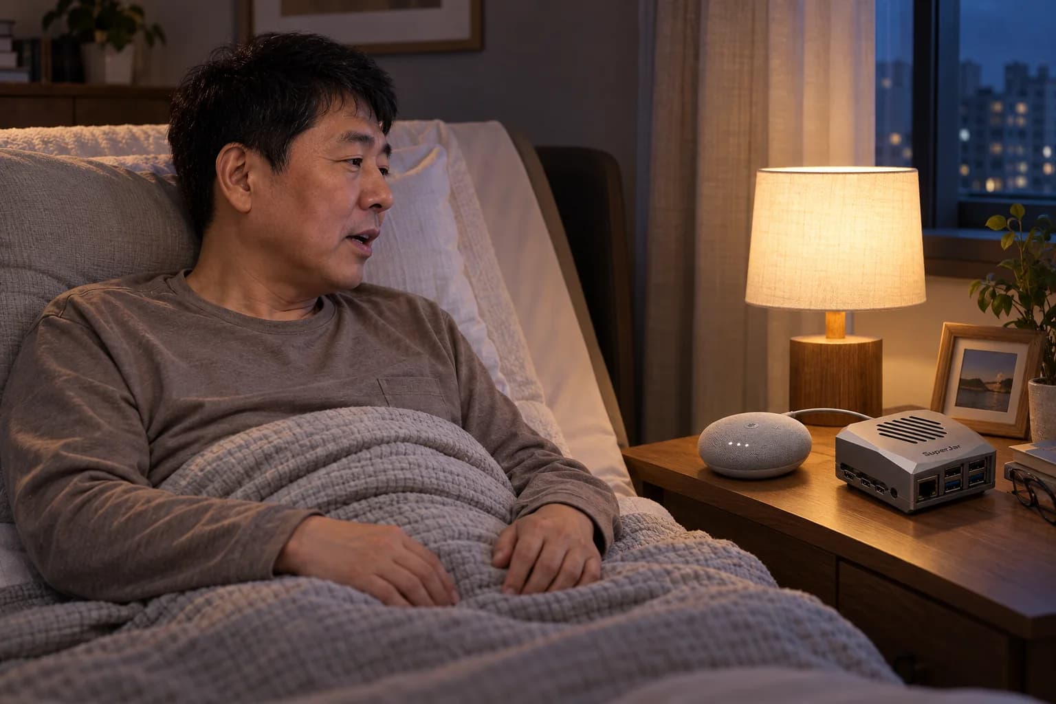 침대에서 두 손을 이불 위에 둔 사용자가 잠들기 전 협탁 위 ABLE과 스피커에 말하는 장면