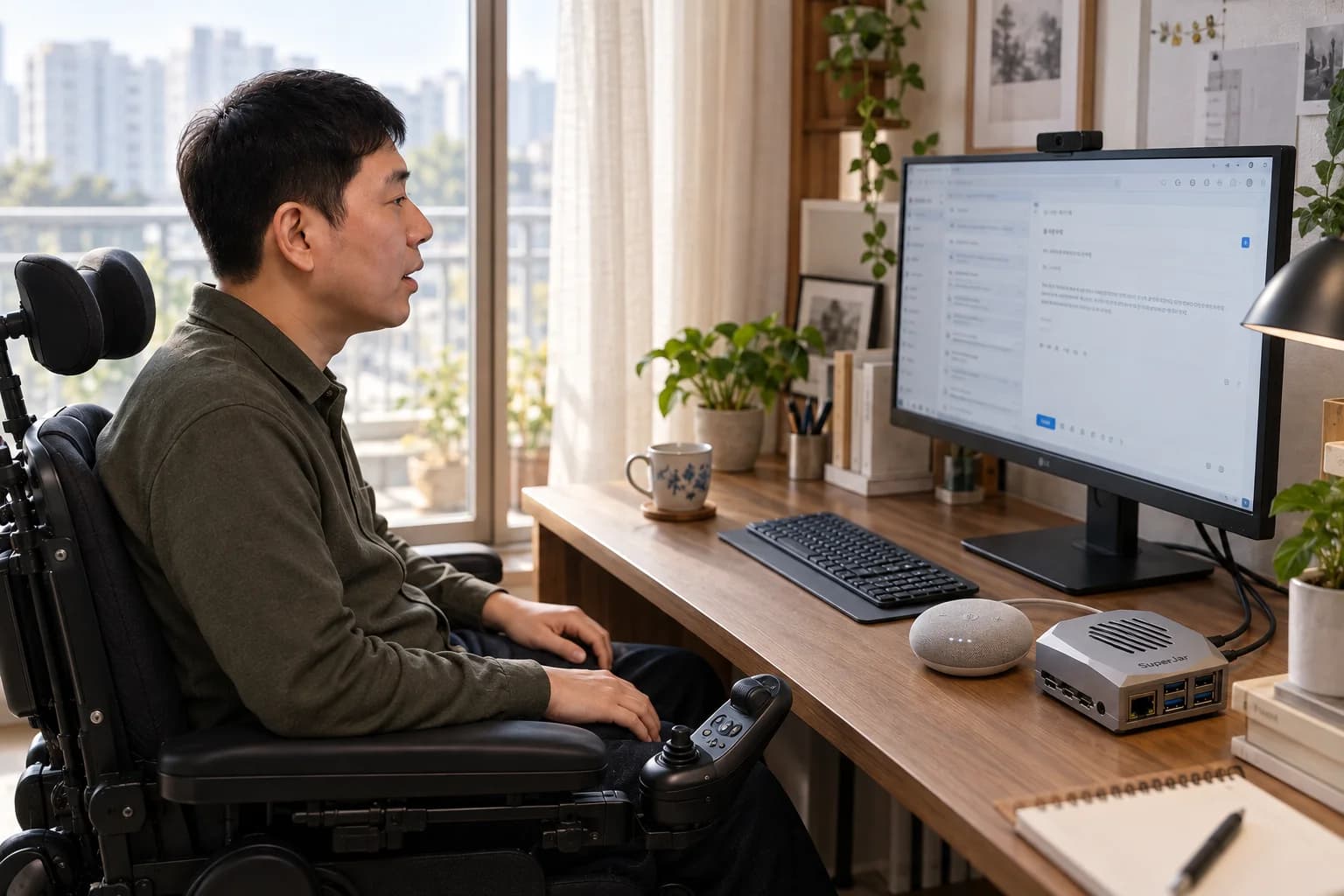 두 손을 무릎에 둔 휠체어 사용자가 책상 위 ABLE과 스피커에 이메일 답장을 말하는 장면