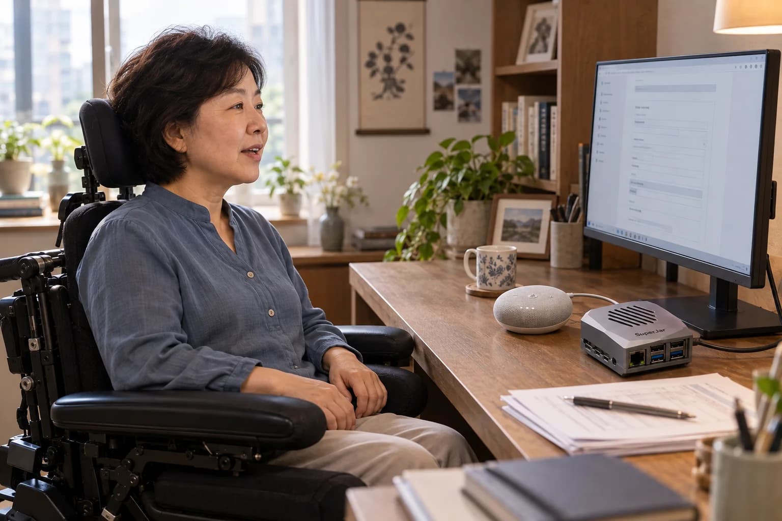 휠체어에 앉은 사용자가 손을 쓰지 않고 ABLE에 서류에 들어갈 정보를 말하는 장면