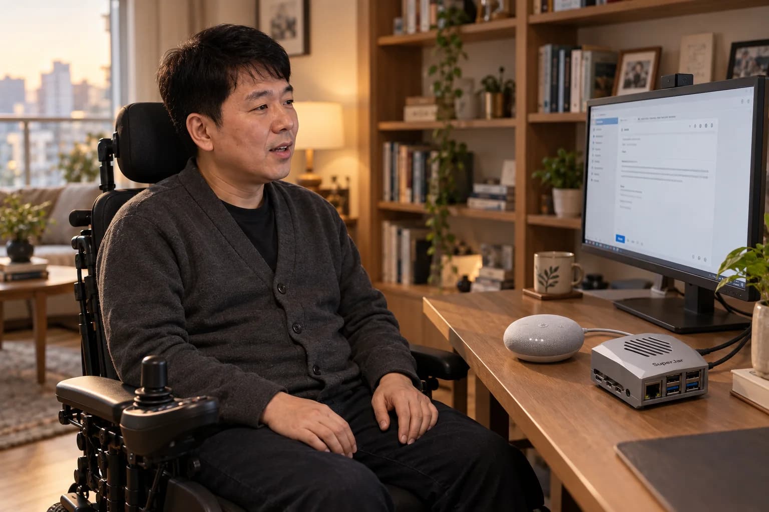 두 손을 무릎에 둔 사용자가 ABLE이 준비한 이메일 내용을 목소리로 확인하는 장면
